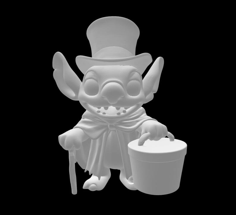 May include: A 3D-printed figure of Stitch, the alien character, in a top hat and cape, holding a bucket and cane. The figure is a light gray color against a black background.