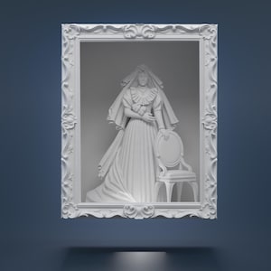 May include: A white relief sculpture of a woman in a long dress and veil, holding a small bouquet and leaning on a chair, set within a decorative white frame. The frame has ornate floral and scrollwork details.