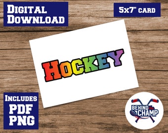 Hockey Rainbow word 5x7" greeting card blank inside digital download note card printable