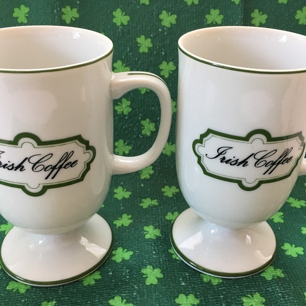 IRISH COFFEE MUGS Ceramic Pedestal Foot white w/green trim • Black lettering "Irish Coffee" Made in Japan Used Pre-Owned Vintage 1970's