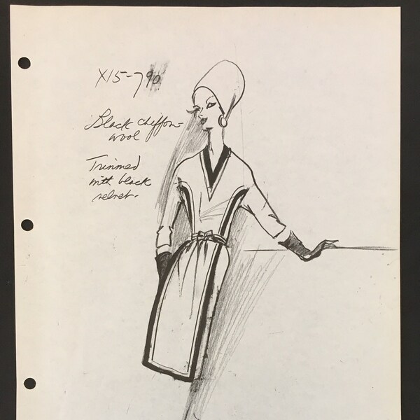 Vintage Pierre Balmain FASHION Designer SKETCH STAT Sheet Drawing Design Haute Couture Dress X15-790 Cardinal Fashion Studios Wall Art 1960s