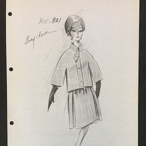 May include: A pencil sketch of a woman wearing a plaid dress and jacket with a hat. The sketch is signed "Claude Riviere" and includes the text "X/5-821" and "gray check".