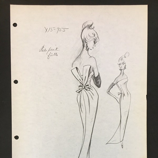 Vintage Hubert Givenchy FASHION Designer STAT SHEET Sketch Drawing Haute Couture Dress X15-955 Cardinal Fashion Studios Wall Art 1960's