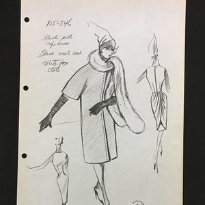 May include: A fashion sketch featuring three figures in elegant attire. The central figure is depicted in a coat with a fur collar and gloves. The sketch includes notes: "X15-546", "Black silk crepe dress", "Black wool coat", and "White fox stole."
