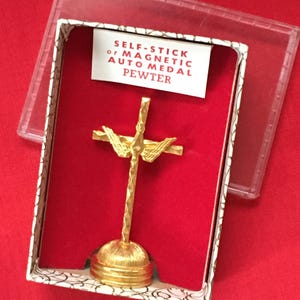 Vintage Winged DOVE on CROSS Car Dashboard MEDAL• Gold Pewter Catholic • New Old Stock • Religious Auto Decor • Protect Traveler Gift 1960s