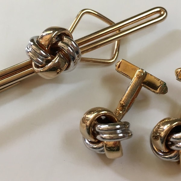 Vintage SWANK CUFF LINKS Tie-Bar Clip Set Two-Tone Silver/Gold Love Eternity Knot Jewelry Father's Day Gift for Him Wedding pre-owned 1950's