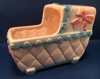 Vintage BABY CRADLE PLANTER Nancy Pew Giftwares Japan Ceramic Container Baby Shower Gift Nursery Decor Floral Arrangement Flower Pot 1970s