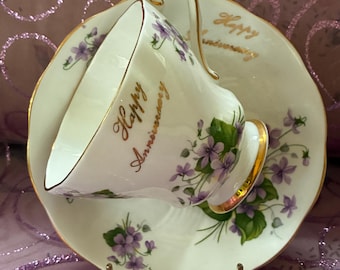 Vintage Royal Grafton TEACUP and SAUCER Fine Bone China • Happy Anniversary • Purple Violets Gold Trim Anniversary Tea Party Gift
