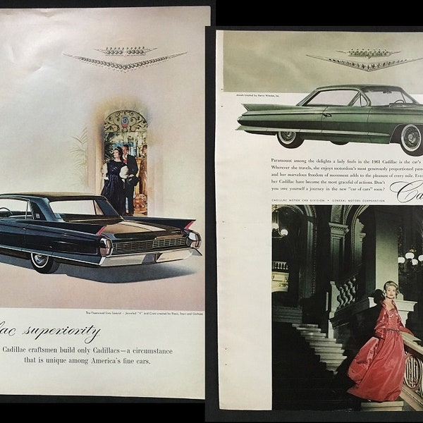 Two Vintage 1961 CADILLAC CAR Ads Advertisements Magazine Print Jeweled "V" Crest by Black, Starr and Gorham/Harry Winston Auto Wall ART