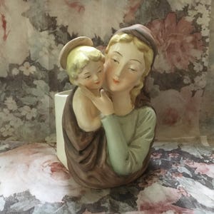 Vintage PLANTER Vase Madonna & Baby Jesus Ceramic Figurine Matte Glaze Blessed Mother Virgin Mary and Infant Jesus Handpainted Head Vase