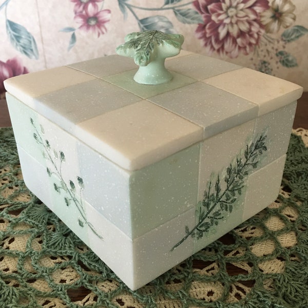 Decorative TRINKET DRESSER Jewelry BOX Square White & Pale Green • Leaf Imprint • 3D Leaf Finial on Lid • Spring Theme • Mother's Day Gift