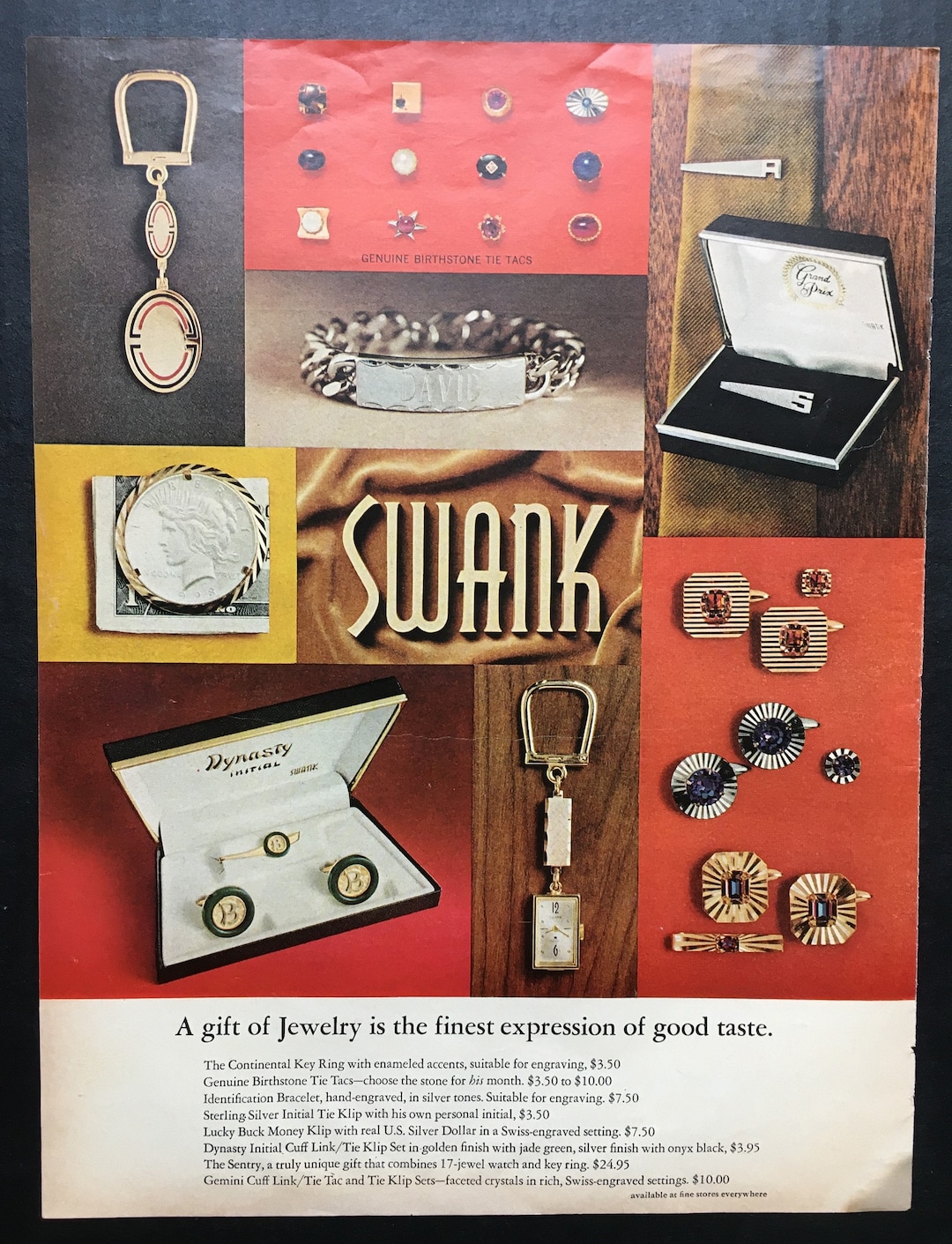 Vintage 1968 SWANK Men's Jewelry AD Magazine Print Accessories Cuff