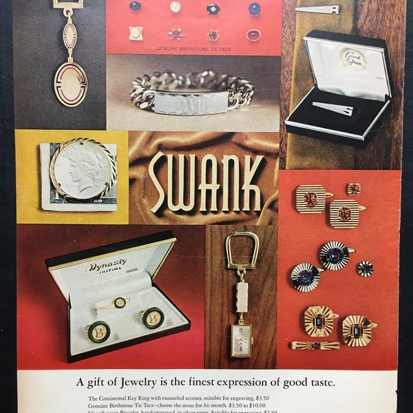 Vintage 1968 SWANK Men's Jewelry AD Magazine Print Accessories Cuff Links Tie Tacs "Silver Dollar" Money Klip ID Bracelet Watch/Key Ring