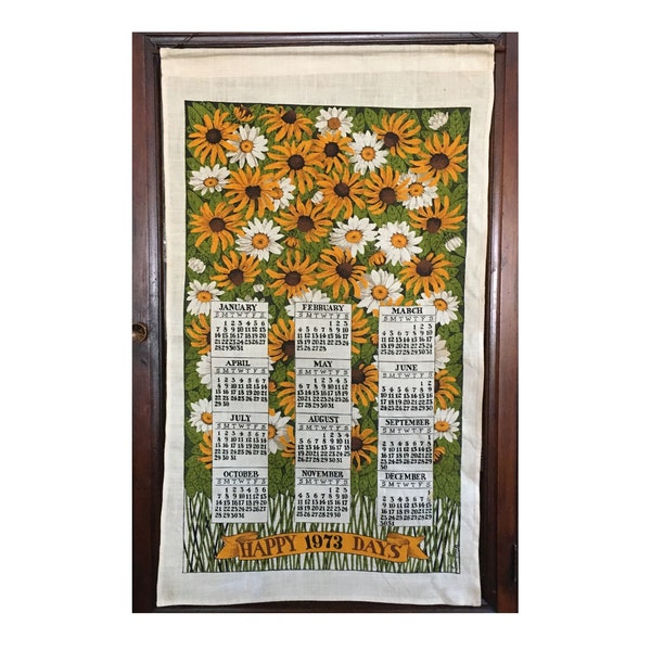 Vintage 1973 KayDee Linen CALENDAR TEA TOWEL Lois Long Art "Sunflowers" Wall Hanging Dowel String Hanger Collectible Linens • Original Box