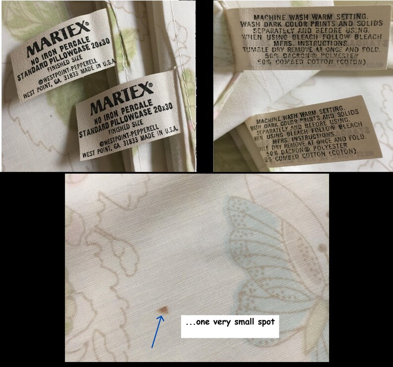 May include: Martex standard pillowcase, 20x30 inches, with a floral and butterfly pattern. The label indicates it's no iron percale and made in the USA. The care instructions are also visible. There is a small brown spot on the fabric.