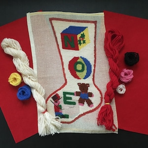 Vintage Pre-Worked Ready to Finish NEEDLEPOINT KIT &quot;Noel&quot; Christmas STOCKING Needlecraft Stitchery Craft Project Canvas Yarn Needle