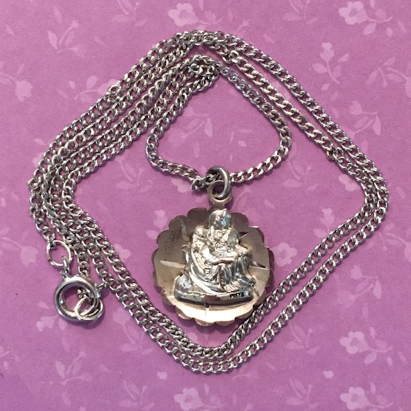 Vintage PIETA MEDAL NECKLACE Vatican Pavilion 1964-1965 New York World's Fair Catamore Sterling Silver Pendant 8" chain Souvenir Collectible