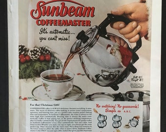 1949 SUNBEAM Coffeemaster Coffee Pot Server AD Original Magazine Print APPLIANCE Advertisement Retro Kitchen Christmas Theme  Wall Art