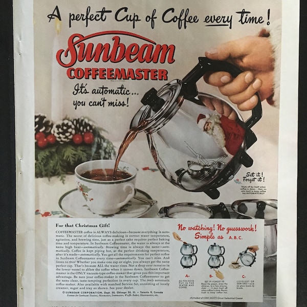 1949 SUNBEAM Coffeemaster Coffee Pot Server AD Original Magazine Print APPLIANCE Advertisement Retro Kitchen Christmas Theme  Wall Art