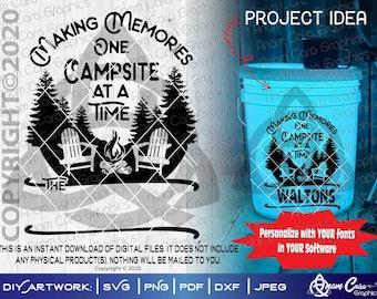 Making Memories One Campsite at a Time| SVG Cut or Print DIYArt Camping Memories Adirondack Chairs Trees Happy Camper RV Sign Bucket Quote