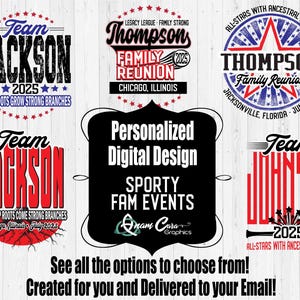 Diseños digitales personalizados para reuniones familiares con temática deportiva: deportes de equipo, raíces profundas, ramas fuertes, estilo retro vintage.