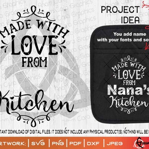 Hergestellt mit Liebe von ___ Kitchen | SVG Schnitt oder Druck DIY Kunst | Vorlage mit Öffnung zum Personalisieren Backen Backen Weihnachtsgeschenk Topflappen backen