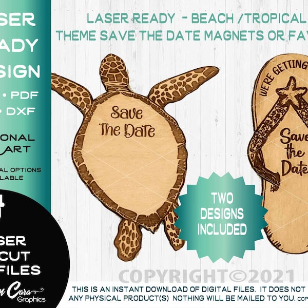 Save the Date Tortue et tongs Prêt au laser pour graver des fichiers découpés Plage Océan tropical Palmier Mariage en bois Aimant « Réservez la date »