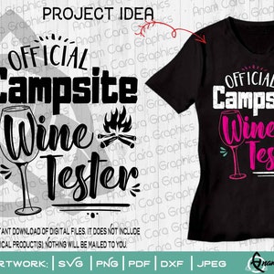 Officiële campingwijntester| SVG knippen of afdrukken DIY Art Camper RV Life Camping Glamper Glamping Girls Weekend Familie Vakantie Drinken