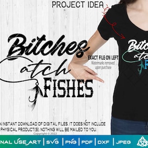 Perras atrapan peces / Arte para cortar o imprimir en SVG / Mujer, niña, mujer, pescadora, pesca, carrete, pesca de invierno, peces, caña, lubina, plantilla, fin de semana, prostituta