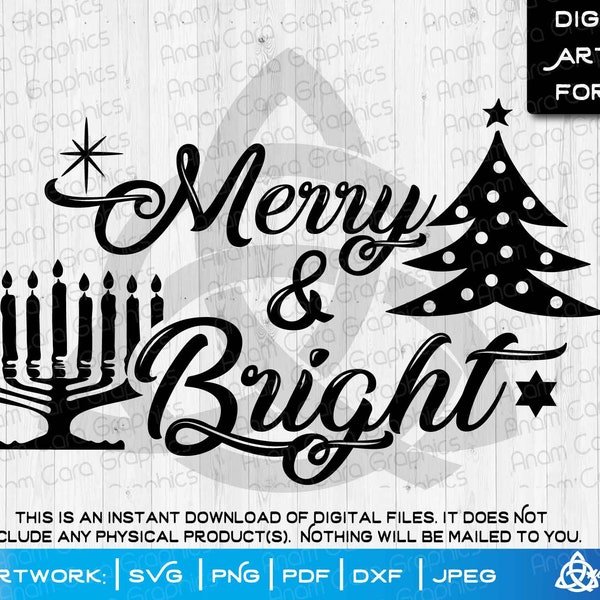 Merry & Bright |Cut or Print DIYArt| Jewish Christian Two Traditions OneWish Hanukkah Chanukah Christmas Menorah Tree Chrismukkah United