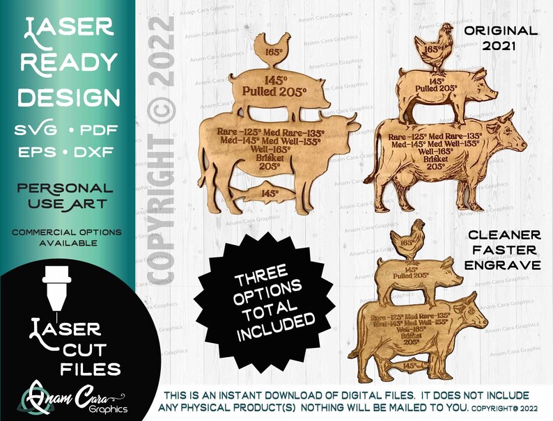 May include: Three variations of a laser-cut design featuring a cow, pig, and chicken stacked on top of each other. The design includes text indicating different temperatures for cooking meat, such as "Rare", "Med Rare", "Med Well", and "Well". The text "CLEANER FASTER ENGRAVE" is also included in the design.