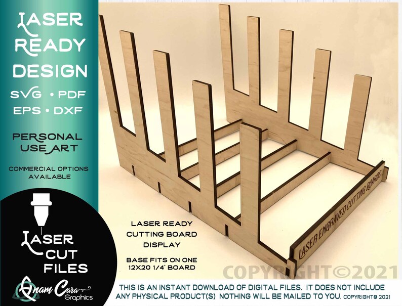 May include: Laser cut design for a cutting board display stand. The stand is made of wood and has a base that fits on a 12x20 inch board. The design is ready to be cut on a laser cutter.