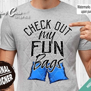 Sprawdź moje torby Fun Bags - Blue Bean Bags | Pełnokolorowe PNG DTF Sublimacja Druk Artystyczny | Zabawne torby Cornhole Team Bags Champ Boss Toss King League