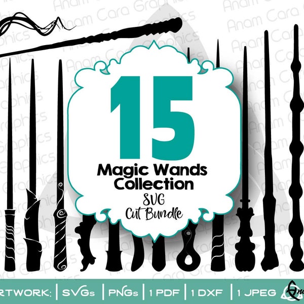 Magical Wands Bundle 15 Images | SVG Cut or Print DIY Art | Wizard Witches Spells | Elder Wand Spells Expecto Avada Warlock Magic Halloween