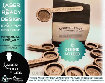 Coffee Scoop and Clip Laser Ready Design with twelve (12) designs included | Glowforge Laser Designs SVG Coffee Lover Craft Fair Trending