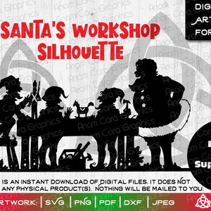 Santa's Workshop Silhouette | SVG Schnitt oder Druck DIYArt| Weihnachtsmann Elfen Spielzeug Frohe Weihnachten an alle Schlitten Rentier Papierschnitt