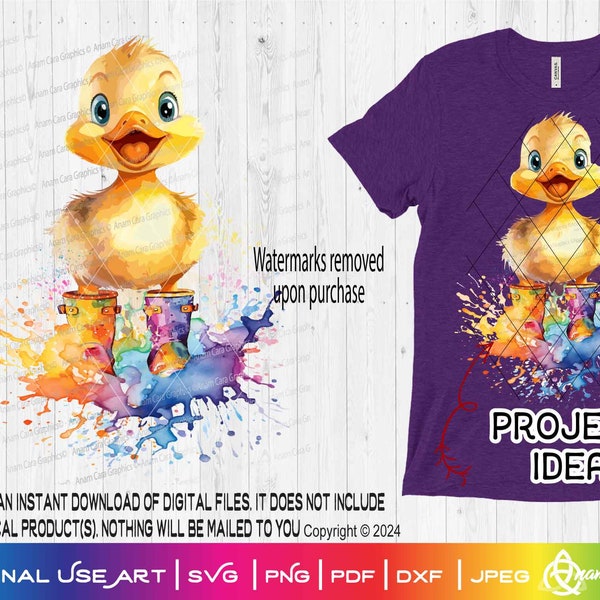 Ducky in Wellies in Puddle Watercolor Digital Design | Transparent PNG Sublimation Print DTF Rain Boots Hat Cute Spring Baby Duckling