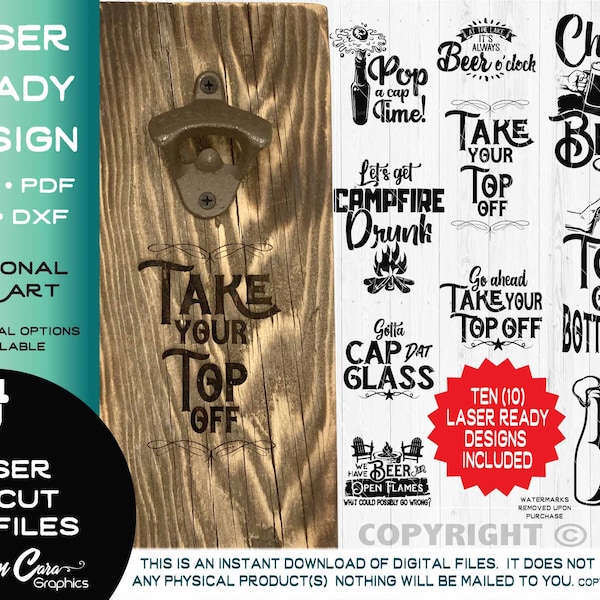 Beer Opener Laser Ready Engrave Files - Ten 10 Designs | Wall Mounted Beer Magnetic Cap Catcher Groomsmen Glowforge Camping Funny