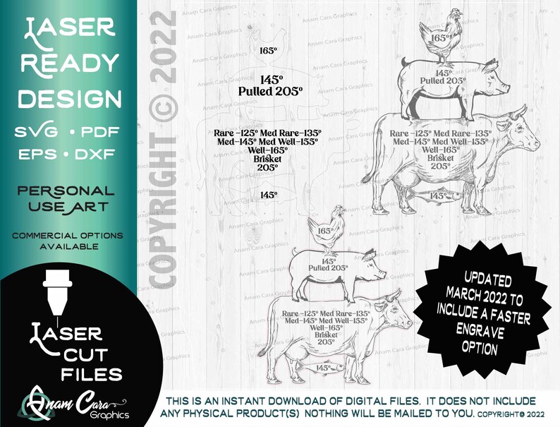 May include: A black and white line drawing illustration of a cow, pig, and chicken. The illustration shows the different cuts of meat on each animal. The text "Rare - 125&deg; Med Rare - 135&deg; Med - 145&deg; Med Well - 155&deg; Well - 165&deg; Brisket 205&deg;" is included in the illustration.