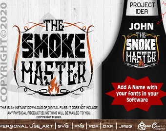 May include: A digital design for a personalized apron with the text "The Smoke Master" and a space to add a name. The design features a black apron with a red starburst and the text in white. The design is perfect for a grilling enthusiast.