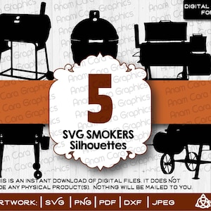Paquete de 5 ahumadores diferentes/SVG para cortar o imprimir, arte de bricolaje/parrilla de barbacoa, cerveza, patio de verano, ahumador, maestro ahumador, pozo, maestro sureño, huevo, carga lateral