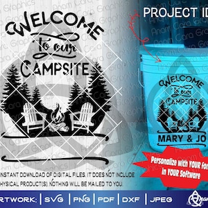 Bienvenue dans notre camping à ciel ouvert | Découpage ou impression SVG, enseigne bricolage, souvenirs, chaises adirondack, arbres, feu de camp, enseigne heureuse, seau, citation, VR