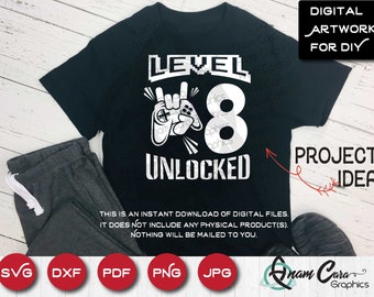 Level 8 Unlocked |Cut or Print DIY Art| 8th Eighth Video game Birthday Party Joystick Grad Controller Game On LevelUp Grade Grad Neutral
