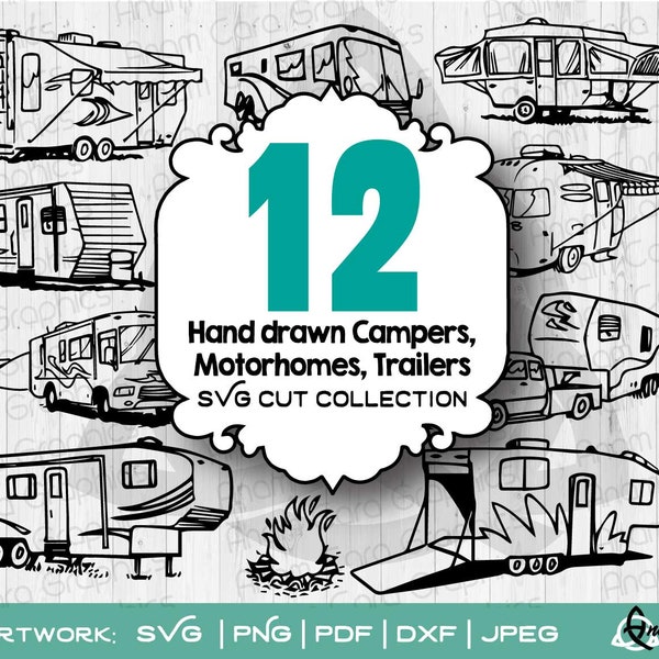 Handdrawn Bundle of 12 Images SVG Cut or Print RV Motorhome Fifth Wheel Toy Hauler Popup Camper Mini Travel Trailer Happy Camper Campfire