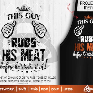 Può includere: Grafica in nero e arancione per un grembiule con il testo "Questo ragazzo si strofina la carne prima di metterla dentro!"