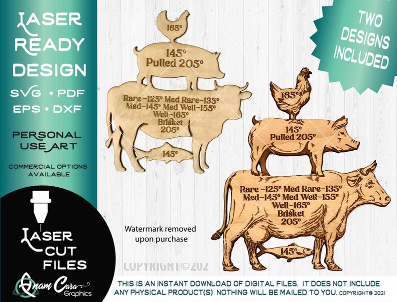 May include: Two laser-cut designs of a cow, pig, and chicken stacked on top of each other. The designs include text with different temperatures for cooking meat, such as "Rare-125&deg;", "Med Rare-135&deg;", "Med-145&deg;", "Med Well-155&deg;", "Well-165&deg;", "Brisket 205&deg;", and "Pulled 205&deg;".