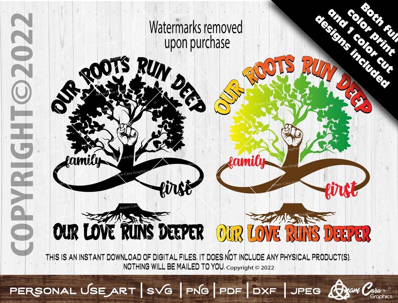 以下が含まれることがあります： 根と「Our Roots Run Deep」と「Our Love Runs Deeper」というテキストを持つ木の白黒とマルチカラーのグラフィックデザイン。木は、無限大記号としてスタイリッシュにデザインされており、記号の両側に「family」と「first」という単語が書かれています。