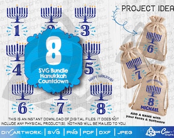 8 Hanukkah Countdown Designs | SVG Cut or Print DIY Art | Happy Chanukah Hanukkah Gift Bags Art Menorah Family Baby Toddler Kid Count Down