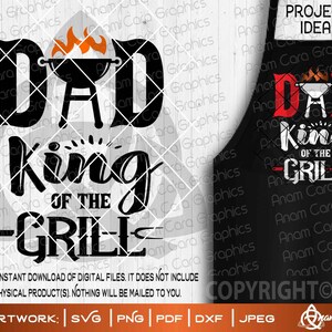 May include: Black and red graphic design for an apron with the text "Dad King of the Grill". The design features a grill with flames and a red and black color scheme.