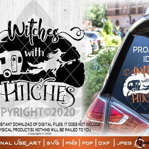 Brujas con enganches / Archivo SVG para cortar o imprimir DIYart/ Divertido Halloween Camper RV Glamping Girls Fin de semana Vaca Camping Cubo Wiccan Bruja Gato